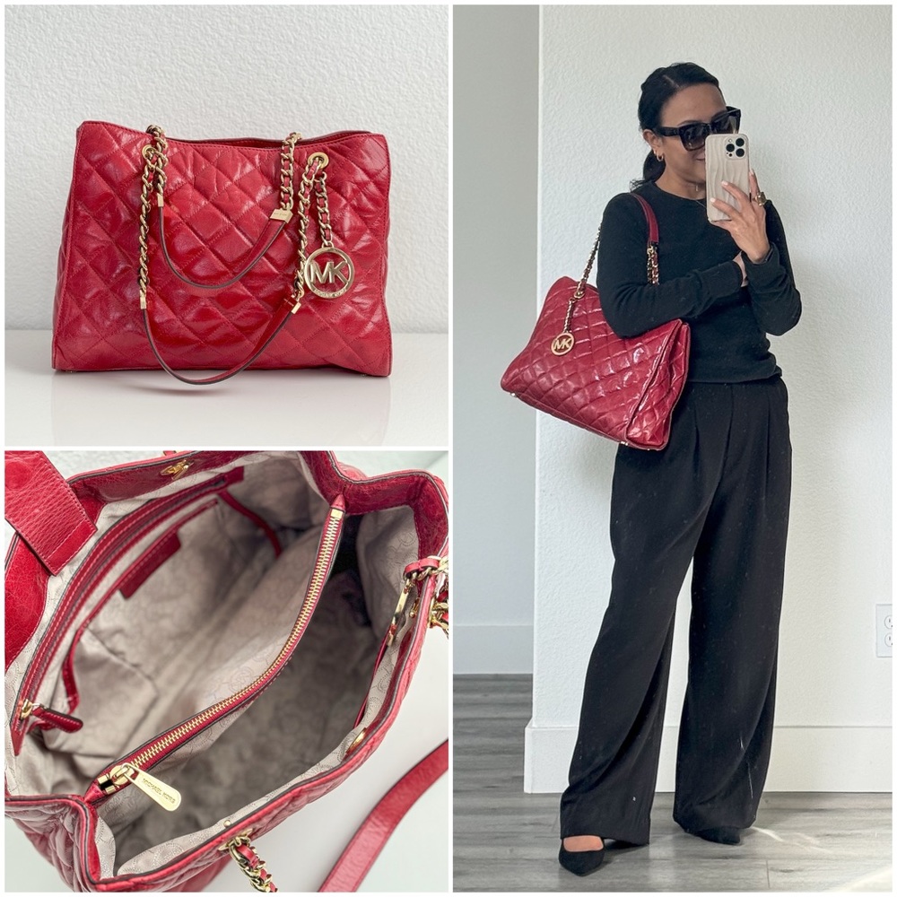 Michael Kors Susannah Red Quilted Chain Shopper Tote Bag